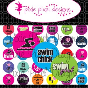 May include: A collection of colorful circular designs with swimming-related phrases and graphics. The designs include text such as "Swim Mom," "Swim Chick," and "Swim Girl," along with swimming figures and the text "I Swim." The image has a black and white patterned background.