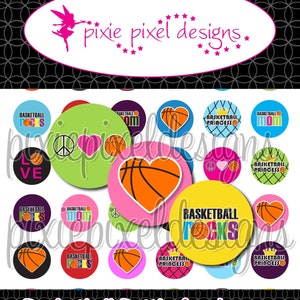 May include: A set of 12 colorful round bottle cap images featuring basketballs, peace signs, hearts, and text like "Basketball Rocks" and "Basketball Mom".