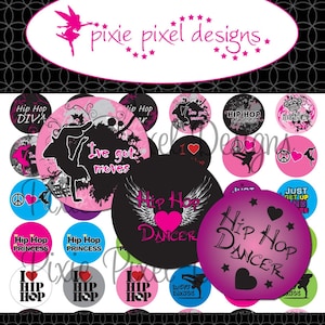 May include: A set of 18 round, colorful, printed paper cupcake toppers featuring a hip hop dance theme. The toppers feature images of dancers, hearts, wings, and text such as "Hip Hop Dancer", "I've got moves", and "Hip Hop Princess".