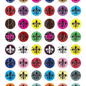 May include: A set of 48 colorful round stickers with a black fleur-de-lis design on each. The stickers have a variety of colors, including red, blue, green, yellow, pink, purple, orange, and brown. The stickers are perfect for adding a touch of elegance to any project.