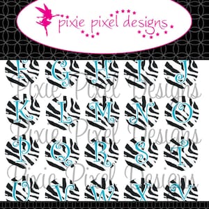 May include: A set of 26 black and white zebra print circles with a blue letter in each circle. The letters are in alphabetical order from A to Z.