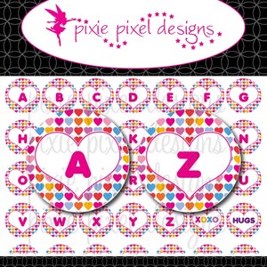 May include: A set of 26 alphabet letter printable stickers with a heart pattern. Each letter is in a pink heart shape on a white background with a colorful heart pattern. The letters are in uppercase and the stickers are perfect for crafts, scrapbooking, and other projects.