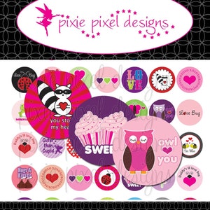 May include: A set of 20 Valentine's Day themed printable cupcake toppers. The toppers feature various designs including owls, cupcakes, hearts, and bugs. The text "Love Bug", "Owl You", "Cuter Than Cupid", and "Sweet" are included in the designs.