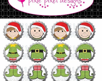 INSTANT DOWNLOAD - Girl and Boy  Elf Christmas Ornament Bottlecap Images Bottle Cap Disc-Its Scrapbooking Boutique Digital Collage Art Sheet