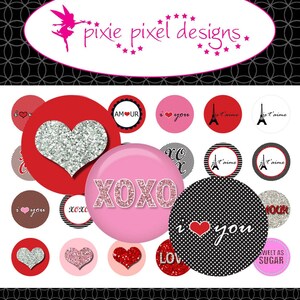 May include: A set of 15 Valentine's Day themed printable stickers featuring hearts, XOXO, and the Eiffel Tower with the text "Je t'aime" and "I love you".