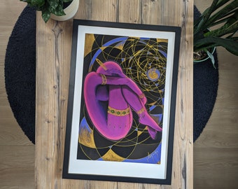 Spiraal | Naakt vrouwelijk lichaam | Abstracte vrouwenkunst | Violet, goud en zwart | Museumkwaliteit afdrukken | Ingelijst of ingelijst