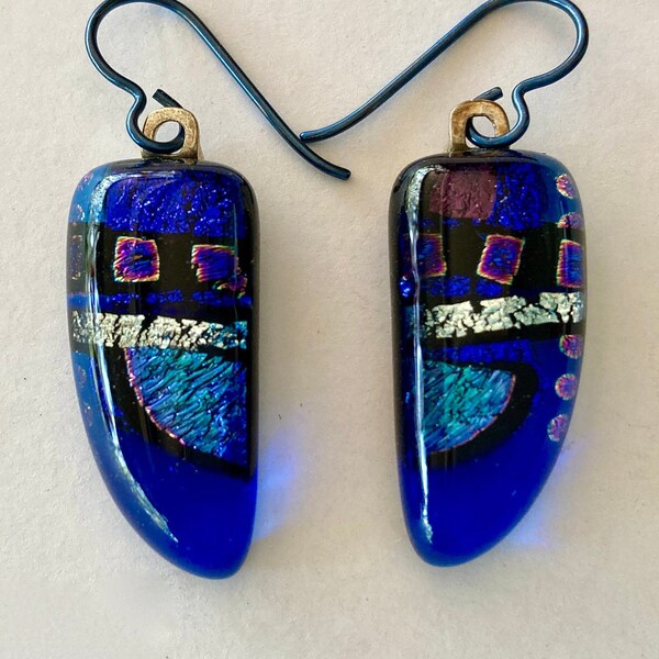 Long blue dichroic fused glass earrings, intricate, artsy and contemporary art glass earrings make a unique handmade gift