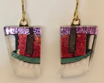 Warm color geometric dichroic fused glass earrings, bright casual elegant drop earrings, boho artsy earrings, sparkly bright dangles