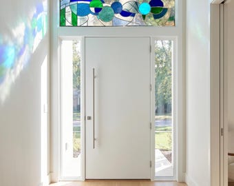 large transom sidelight stained glass contemporary window in blues 10 x 36"
