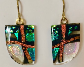 Stunning opposites dichroic fused glass earrings,  green orange drop earrings, multicolor one of a kind earrings - unique handcrafted gift