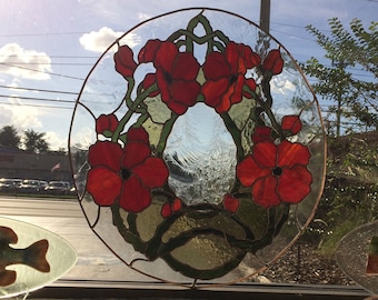 Red poppies stained glass window, floral stain glass panel, cottage decor, gardeners gift,  handmade bright cheery art glass privacy panel