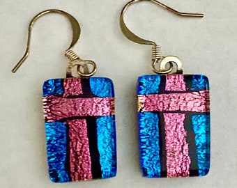 dichroic cross fused glass earrings, bright boho pink +  blue cross drop earrings, unique handcrafted gift, geometric design elegant bohemia