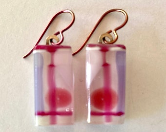 Pink fused glass earrings, boho drop earrings, pink + purple earrings for the contemporary Bohemian and elegant hippy