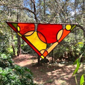 abstract stained glass triangle hanging in hot colors, 14&quot; contemporary stain glass copper panel garden art, ready to ship