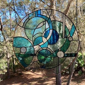 Tranquil abstract  21" round geometric stained glass wall panel or window hanging with rare mouth blown glass, unique origina +l handcrafted