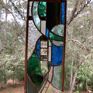 Soothing contemporary abstract stained glass panel in blues + greens
