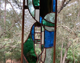 Soothing contemporary abstract stained glass panel in blues + greens