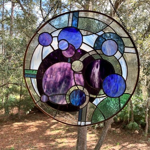 Purple Galaxy stained glass art window hanging or wall art, Unique one of a kind, contemporary art 21 round made with mouth blown glass image 1