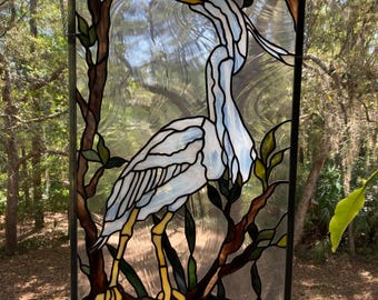 Custom Egret panel in stained glass 22”x32"
