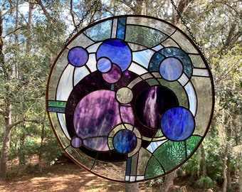 Purple Galaxy stained glass art window hanging or wall art, Unique one of a kind, contemporary art 21" round made with mouth blown glass