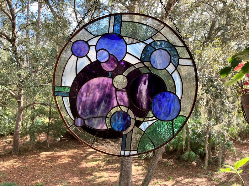 Purple Galaxy stained glass art window hanging or wall art, Unique one of a kind, contemporary art 21 round made with mouth blown glass image 1