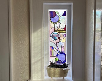 Purple abstract stained glass window for privacy or a pop of color, customizable contemporary 26" stain glass panel wall or window hanging