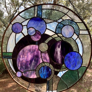 Purple Galaxy stained glass art window hanging or wall art, Unique one of a kind, contemporary art 21 round made with mouth blown glass image 3