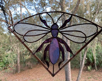 Purple orchard bee stained glass window hanging, elegant garden decor for a bee lover, birthday gift for for the outdoor enthusiast