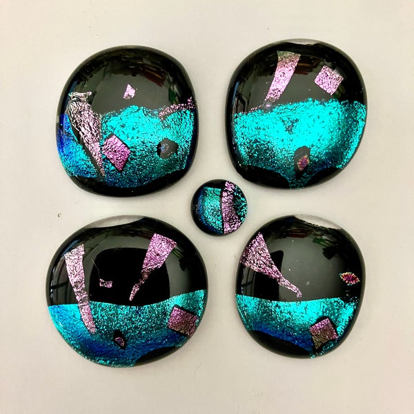 Five dichroic glass jewelry worthy cabochons, set of 4 fused blue pink large cabs with a small cab accent, stained glass jewels, 1.25"