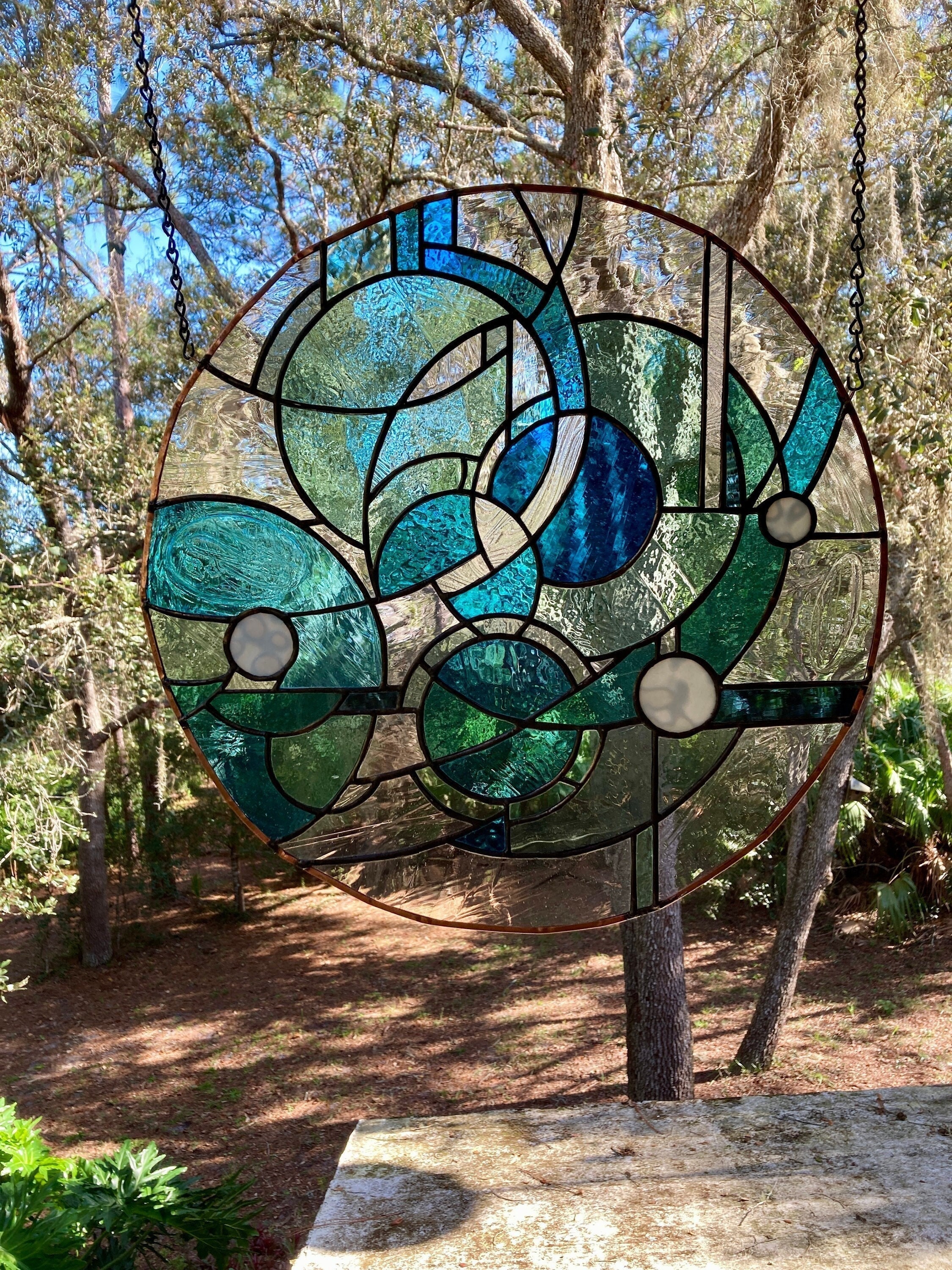 Tranquil Abstract 21 Round Geometric Stained Glass Wall