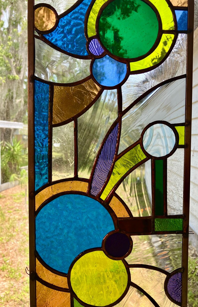 Abstract Stained Glass Window Panel, Copper Frame, Customizable 7.25x26 ...