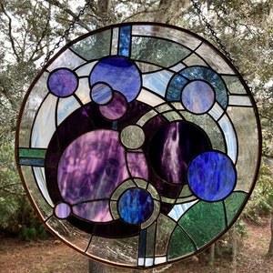 Purple Galaxy stained glass art window hanging or wall art, Unique one of a kind, contemporary art 21 round made with mouth blown glass image 2