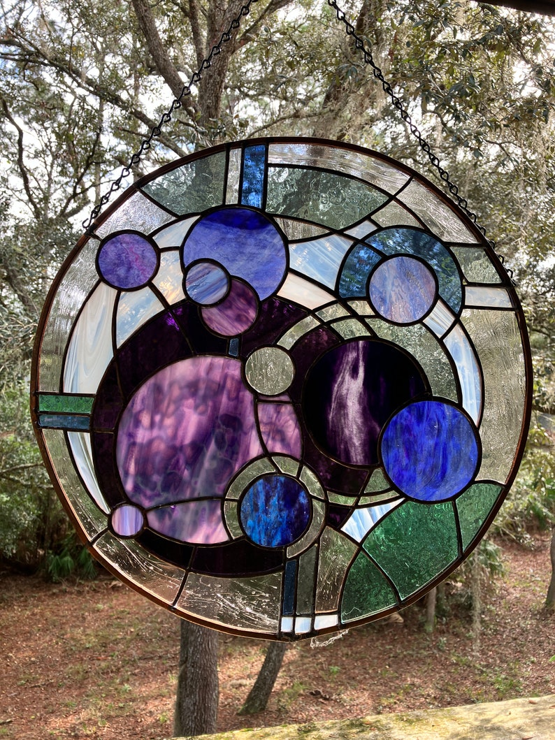 Purple Galaxy stained glass art window hanging or wall art, Unique one of a kind, contemporary art 21 round made with mouth blown glass image 2