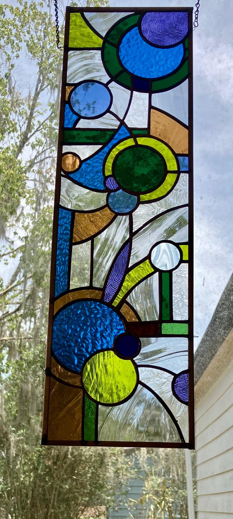 Abstract Stained Glass Window Panel, Copper Frame, Customizable 7.25x26 ...