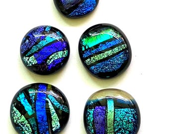 5 blue dichroic .75" fused glass cabochons, set of five art cabs