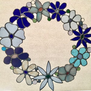Blue Stained Glass Flower Wreath or window hanging, Stain Glass Flowers for cottage, entryway or wall decor, housewarming gift