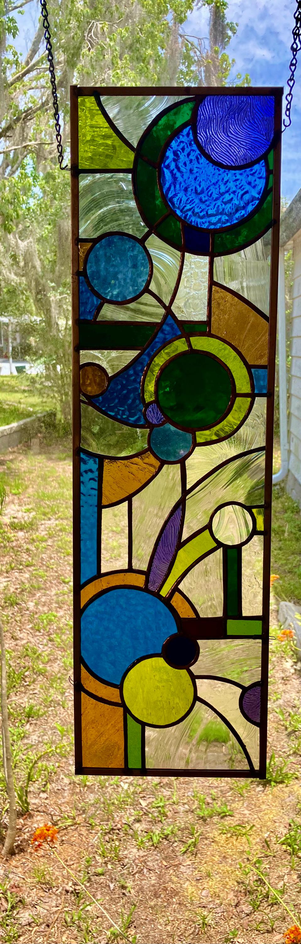 Abstract Stained Glass Window Panel, Copper Frame, Customizable 7.25x26 ...