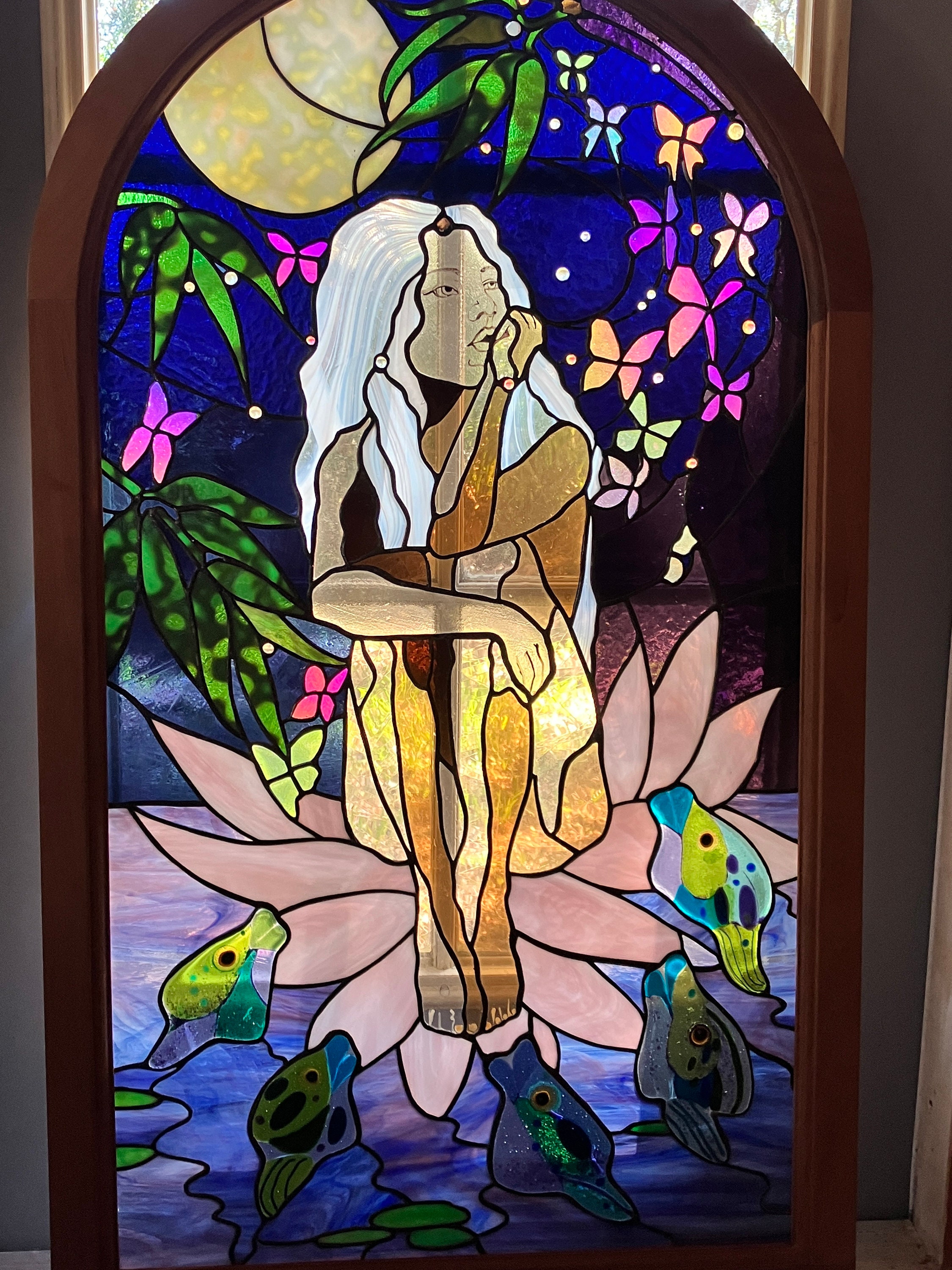 保障できる Forest Spirit Stained Glass Window W Heavy Mahogany Frame 家具
