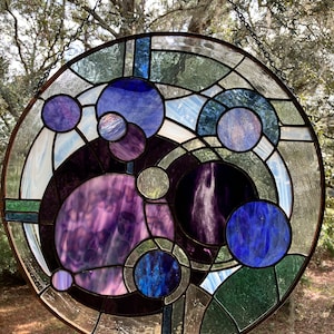 Purple Galaxy stained glass art window hanging or wall art, Unique one of a kind, contemporary art 21 round made with mouth blown glass image 7