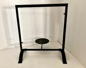 Stained glass panel stand w/votive holder black metal  9x11"