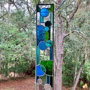 Bright, cheery custom stained glass panel for sidelight or transom in blue, green, clear, Long thin abstract stain glass window decor