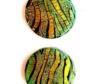 2 large tiger stripe dichroic 1.5" fused glass cabochons, pair of gold art cabs