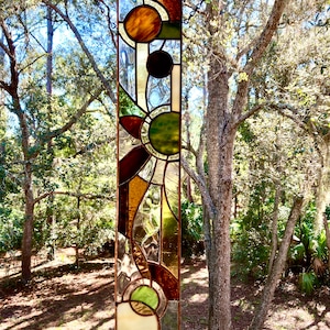 custom golden earth tone stained glass panel, vertical or horizontal, 24" long thin privacy window made to fit your space and color scheme