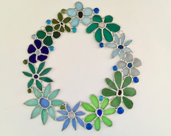 Blue green stained glass wreath or window hanging, stain glass flowers for entryway decor or a unique handmade house gift