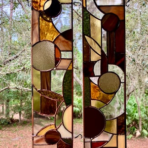 stained glass sidelights, pair of transom windows, earth tone contemporary leaded glass panels 17.75&quot; x 4.75&quot; , in stock, ready to ship