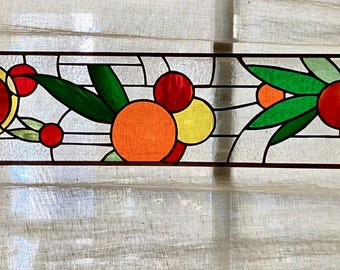 Summer Berries Stained Glass Window Panel, Hot Colors, Long Thin Design