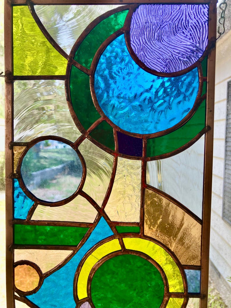 Abstract Stained Glass Window Panel, Copper Frame, Customizable 7.25x26 ...