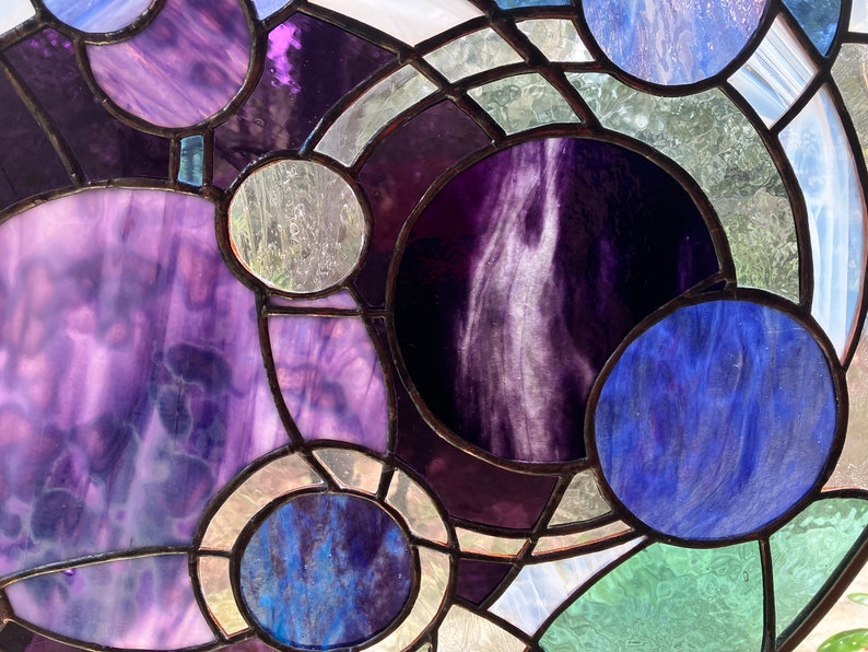 Purple Galaxy stained glass art window hanging or wall art, Unique one of a kind, contemporary art 21 round made with mouth blown glass image 4