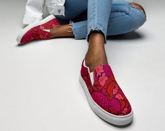 Bright Pink and Red Golly Berry Print Slip-On Canvas Sneakers for Women