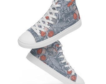 Mushrooms in Dusky Blue and Rusty Red  - Women's High Top Canvas Sneakers